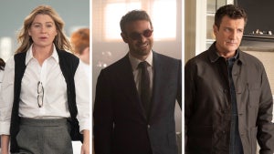 Three side-by-side portraits: a woman in a white shirt and vest looking concerned as she walks down a hospital hallway, a suited man wearing tinted glasses and smiling in a court room, and a man in a brown jacket with a serious expression indoors.