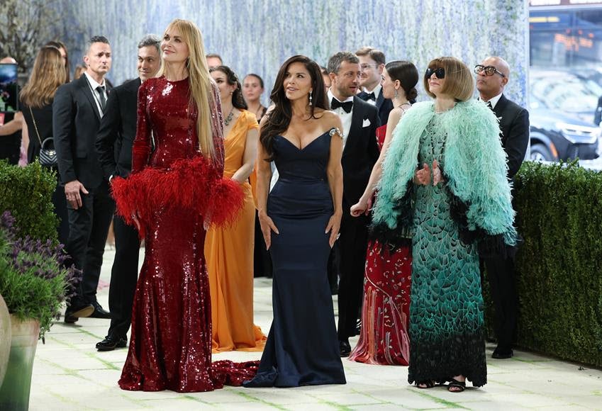 Nicole Kidman in Chanel, Lauren Sánchez Bezos in Schiparelli and Anna Wintour in Chanel arriving at the 2026 Met Gala. Source: Getty