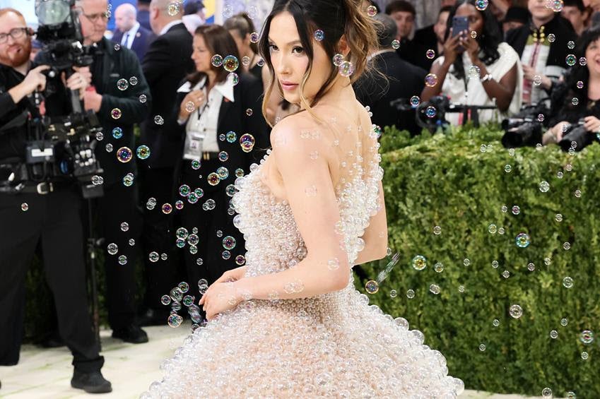 Eileen Gu wearing a bubble blowing Iris van Herpen dress. Source: Getty