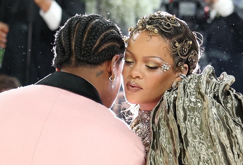 Rihanna in Jennifer Behr silver hair coils at the 2026 Met Gala. Source: Getty