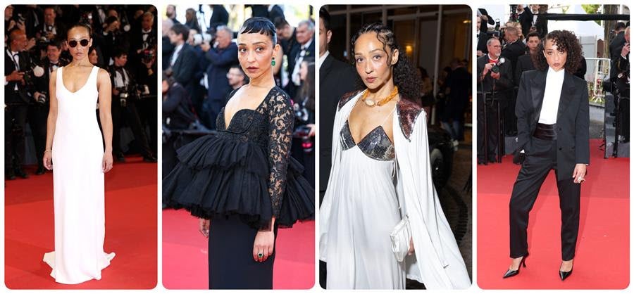 Ruth Negga at Cannes dressed in Celine, Saint Laurent, vintage Ossice Clark and Ami Paris. Source: Getty
