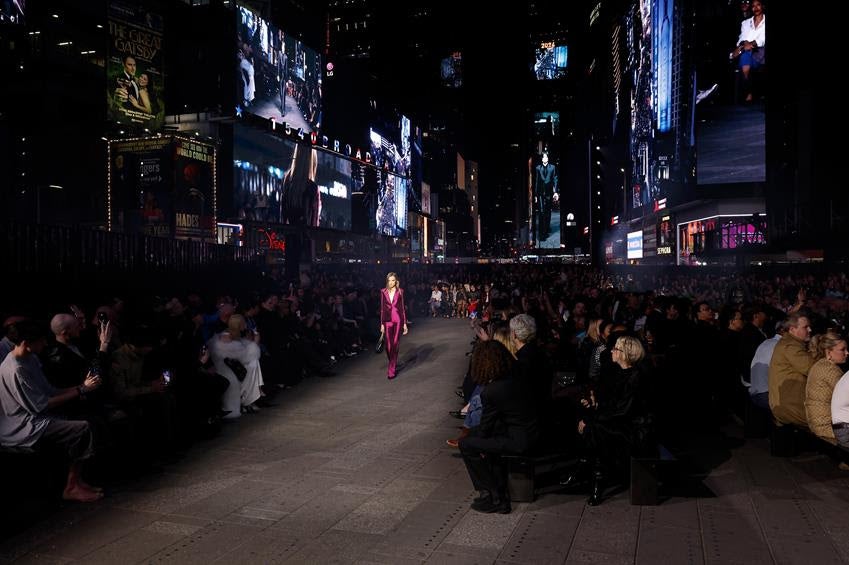 A model walks the runway at Guccicore: Gucci Cruise 2027 at Times Square on May 16, 2026 in New York City. Source: Getty Images