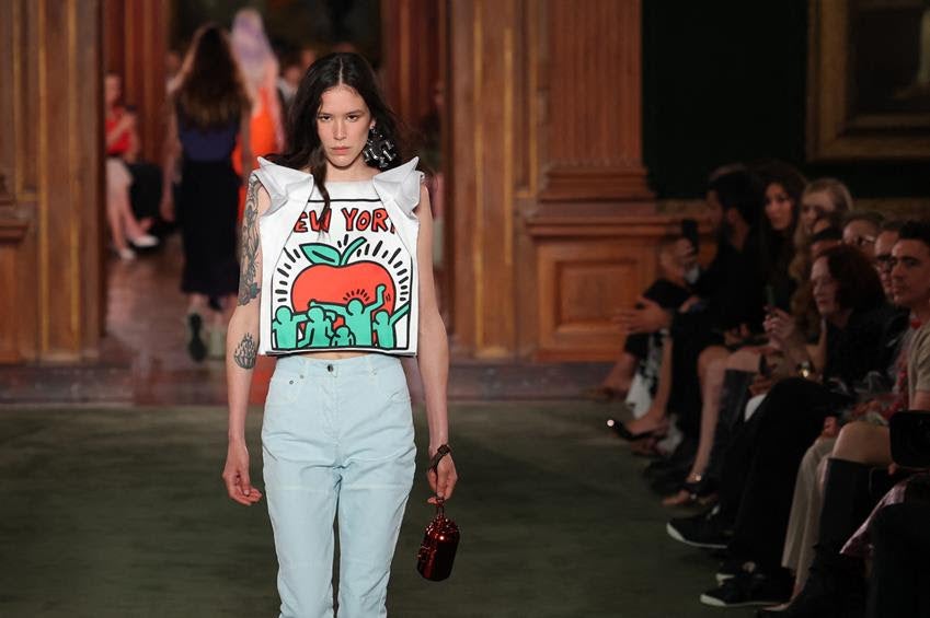 A model walks the runway during the Louis Vuitton 2027 collection fashion show in a look made in collaboration with the Keith Haring Estate at the Frick Collection in New York on May 20, 2026. Source: Getty Images