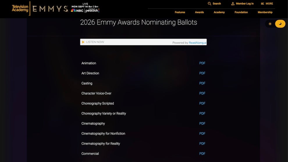 Emmy Awards nominating ballots 2026