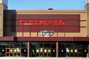 The Cinemark logo hangs above one of the company's theaters (Credit: Scott Olson/Getty Images)