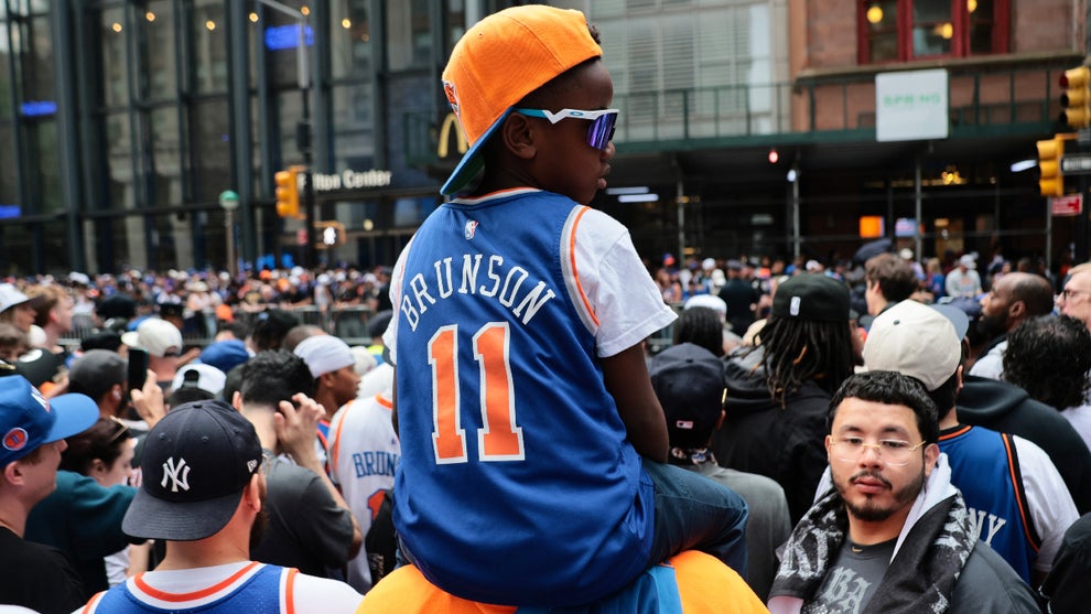 Fans arrive ahead of the New York Knicks Championship ticker tape parade and victory rally celebrating winning the 2026 NBA Finals on June 18, 2026 in New York City. (Michael M. Santiago/Getty Images)