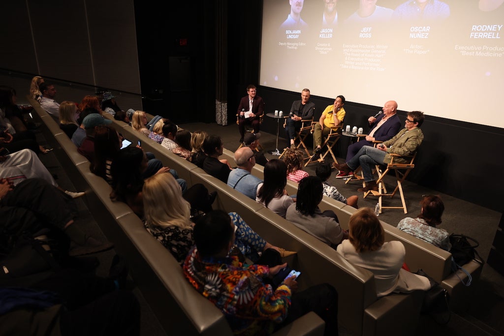 Deputy Managing Editor Benjamin Lindsay moderates TheWrap's FYC Comedy Showcase 2026 panel with Rodney Ferrell, Oscar Nuñez, Jeff Ross and Jason Keller. (Randy Shropshire for TheWrap)