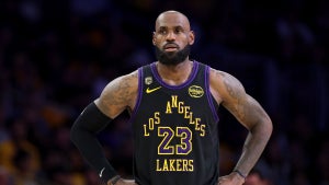 LeBron James #23 of the Los Angeles Lakers looks on against the Oklahoma City Thunder in Game Four of the Second Round of the NBA Western Conference Playoffs at Crypto.com Arena on May 11, 2026 in Los Angeles, California. NOTE TO USER: User expressly acknowledges and agrees that, by downloading and or using this photograph, user is consenting to the terms and conditions of the Getty Images License Agreement. (Credit: Luke Hales/Getty Images)