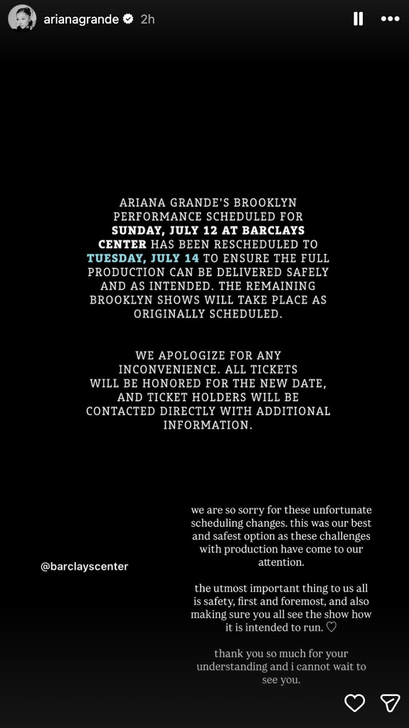 Ariana Grande delays Brooklyn tour dates