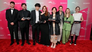 (L-R) Daniel Simmons, Jack Hughes, Yuqian Zhang, Ana A. Alpizar, Christine Seow, Antonia Schäfer, Ida Melum, and Michelle Brøndum receive awards following the Sony Future Filmmaker Awards at Sony Pictures Studios, Scenic Arts Building . (Photo courtesy of the Sony Future Filmmaker Awards)