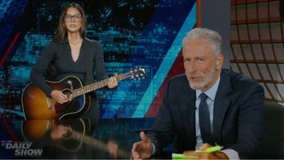 Olivia Munn Returns to ‘The Daily Show,’ Gives Jon Stewart the Farewell She Saved for Stephen Colbert: ‘I Missed Out’ | Video
