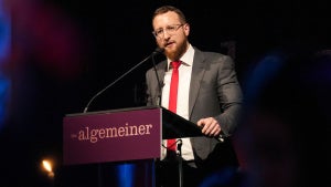 Dovid Efune speaks at Algemeiner 2023 J100 Gala at Capitale Bowery on October 25, 2023 in New York City. (Photo by Sean Zanni/Patrick McMullan via Getty Images)