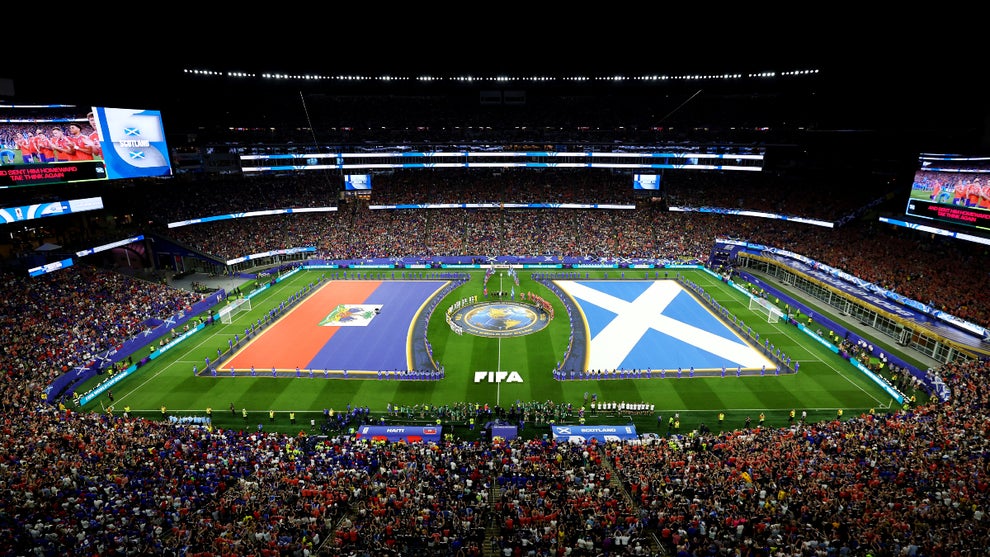 Players and match officials line up before the FIFA World Cup 2026 Group C match between Haiti and Scotland at Boston Stadium on June 13, 2026 in Foxborough, Massachusetts. (Mattia Ozbot/Getty Images)