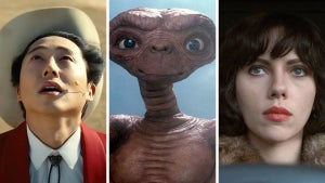 three images, from Left to Right, Steven Yeun in "Nope," the alien in Steven Spielberg's "E.T." and Scarlett Johansson in "Under the Skin"