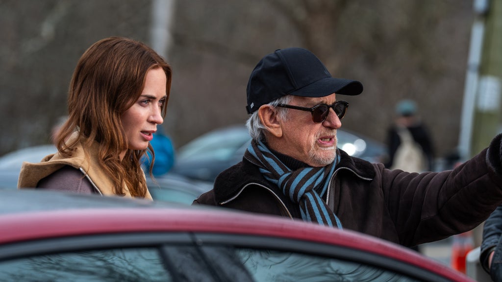 Steven Spielberg and Emily Blunt on the set of "Disclosure Day"