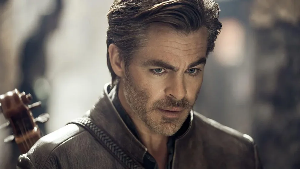 A man in medieval fantasy leather armor holds a lute over his shoulder, gazing intensely at the camera against a blurred atmospheric background.