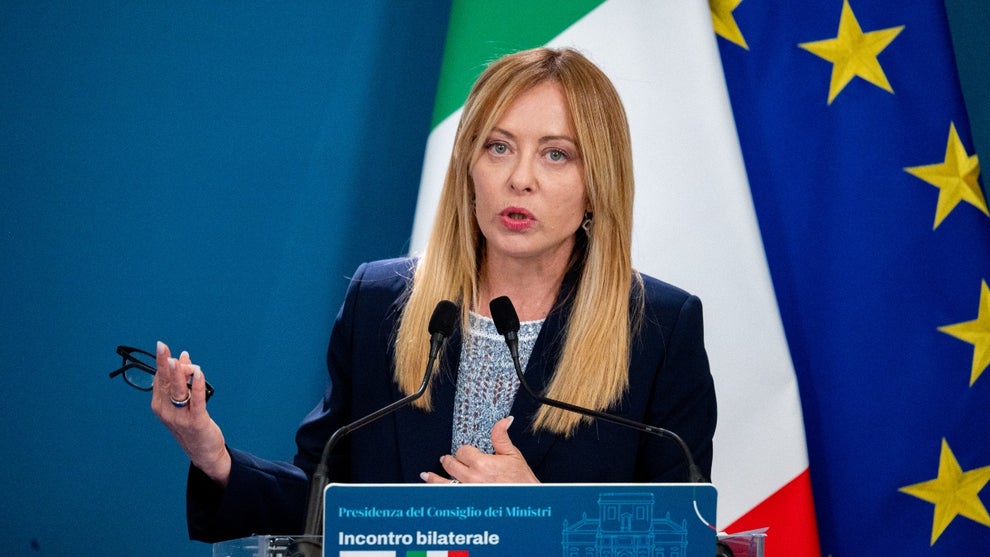 Italy's Prime Minister, Giorgia Meloni, speaks during a press conference following a meeting at Villa Doria Pamphili in Rome, Italy, on June 15, 2026
