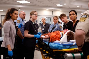 Sepideh Moafi, Taylor Dearden, Katherine LaNasa, Gerran Howell and Supriya Ganesh in "The Pitt" (Credit: HBO Max)