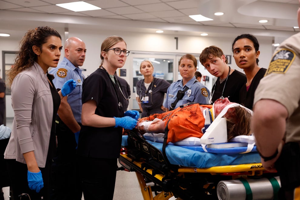 Sepideh Moafi, Taylor Dearden, Katherine LaNasa, Gerran Howell and Supriya Ganesh in "The Pitt" (Credit: HBO Max)
