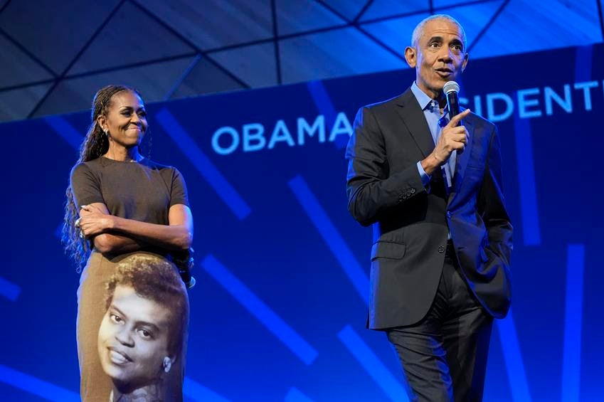 Former President Barack Obama and former first lady Michelle Obama speak onstage at the Obama Presidential Center on June 16, 2026 in Chicago, Illinois. Source: Getty