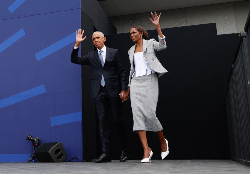 Barack and Michelle Obama at the opening of the Obama Presidential Center on June 18, 2026. Source: Getty