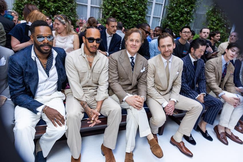Colman Domingo, Lewis Hamilton, David Lauren and Tom Hiddleston attend the Ralph Lauren Spring 2027 men's show at Milan Fashion Week. Source: Getty