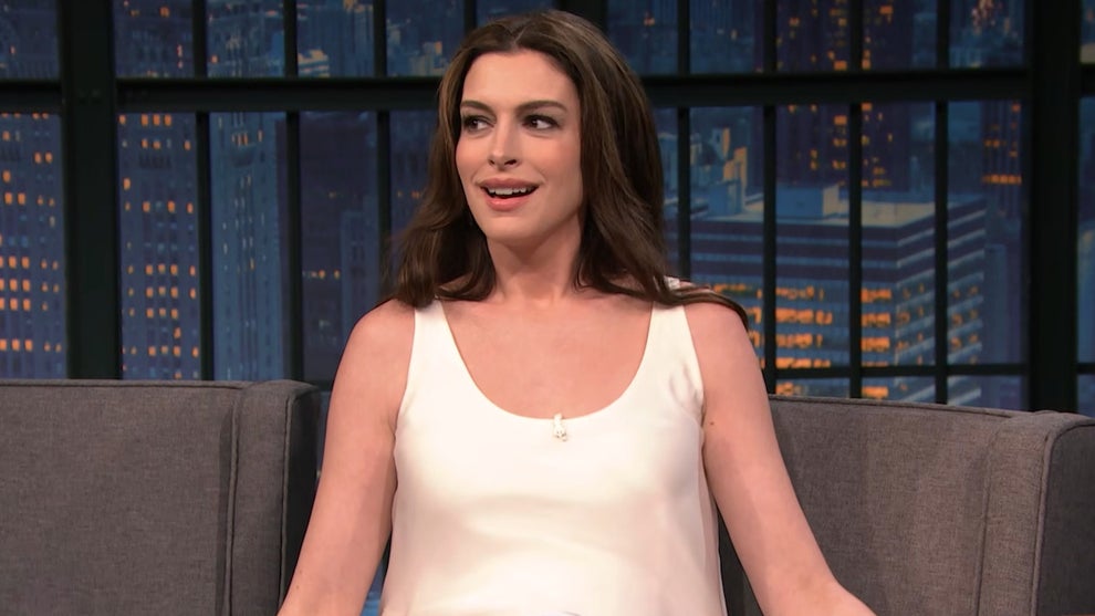 Anne Hathaway joins "Late Night With Seth Meyers" on July 13, 2026. (NBC/YouTube)