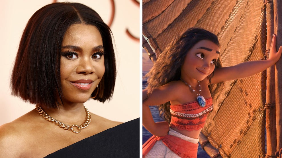 Regina Hall on a red carpet alongside Disney's animated Moana