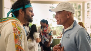 Jake Johnson and Ed Harris in "The Dink" (Apple TV)