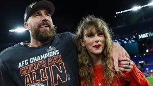 Travis Kelce celebrates with Taylor Swift the Kansas City Chief's win over the Baltimore Ravens in the AFC Championship Game on Jan. 28, 2024 in Baltimore, Maryland. (Patrick Smith/Getty Images)
