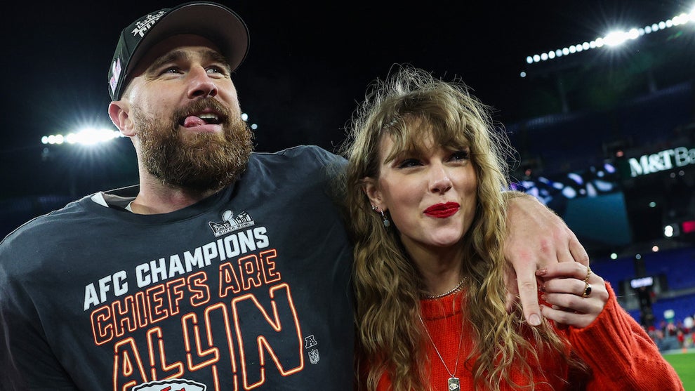 Travis Kelce celebrates with Taylor Swift the Kansas City Chief's win over the Baltimore Ravens in the AFC Championship Game on Jan. 28, 2024 in Baltimore, Maryland. (Patrick Smith/Getty Images)