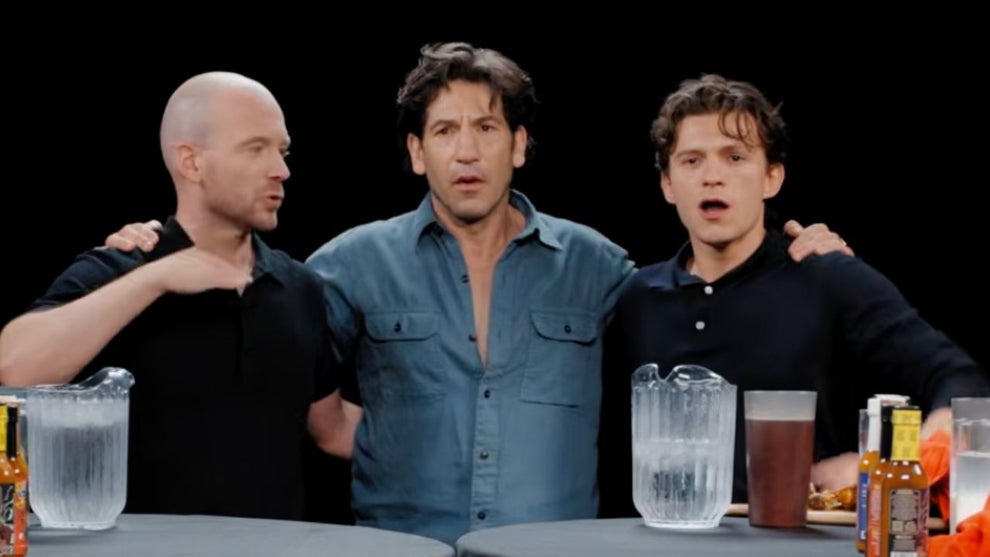 Jon Bernthal and Tom Holland on "Hot Ones" (Credit: First We Feast/YouTube)