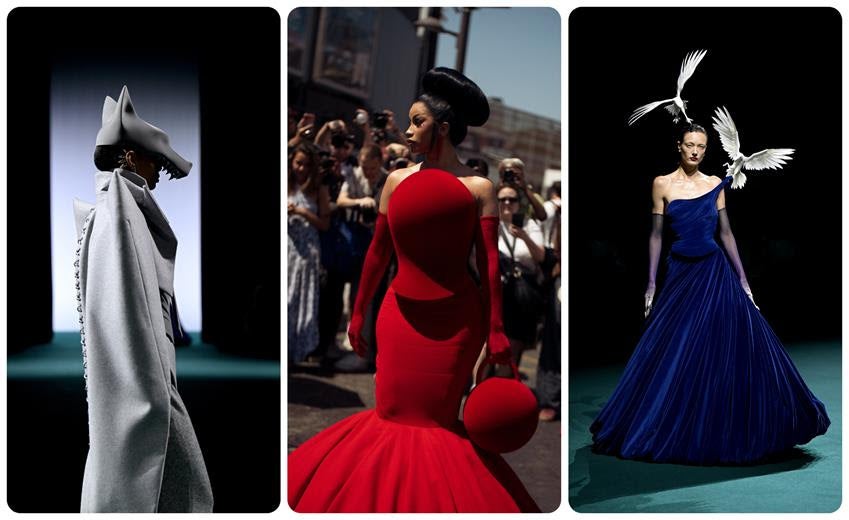 Left and far right, Robert Wun Haute Couture Fall 2026 collection looks. Center, Cardi B at the show wearing look by the designer. Source: Getty