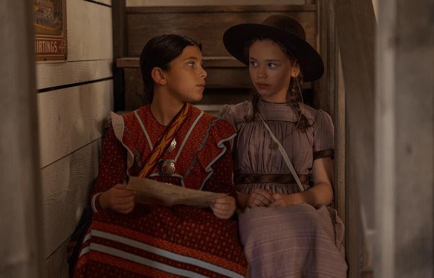 Little House on the Prairie. (L to R) Wren Zhawenim Gotts (Good Eagle) and Alice Halsey (Laura Ingalls). Source: Eric Zachanowich/Netflix