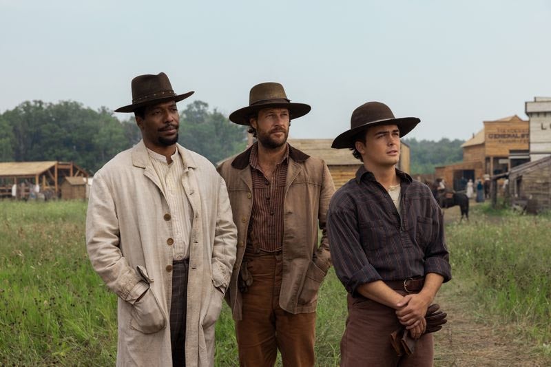 Jocko Sims (Dr. George Tann), Luke Bracey (Charles Ingalls) and Kowen Cadorath (Caleb). Source: Eric Zachanowich/Netflix
