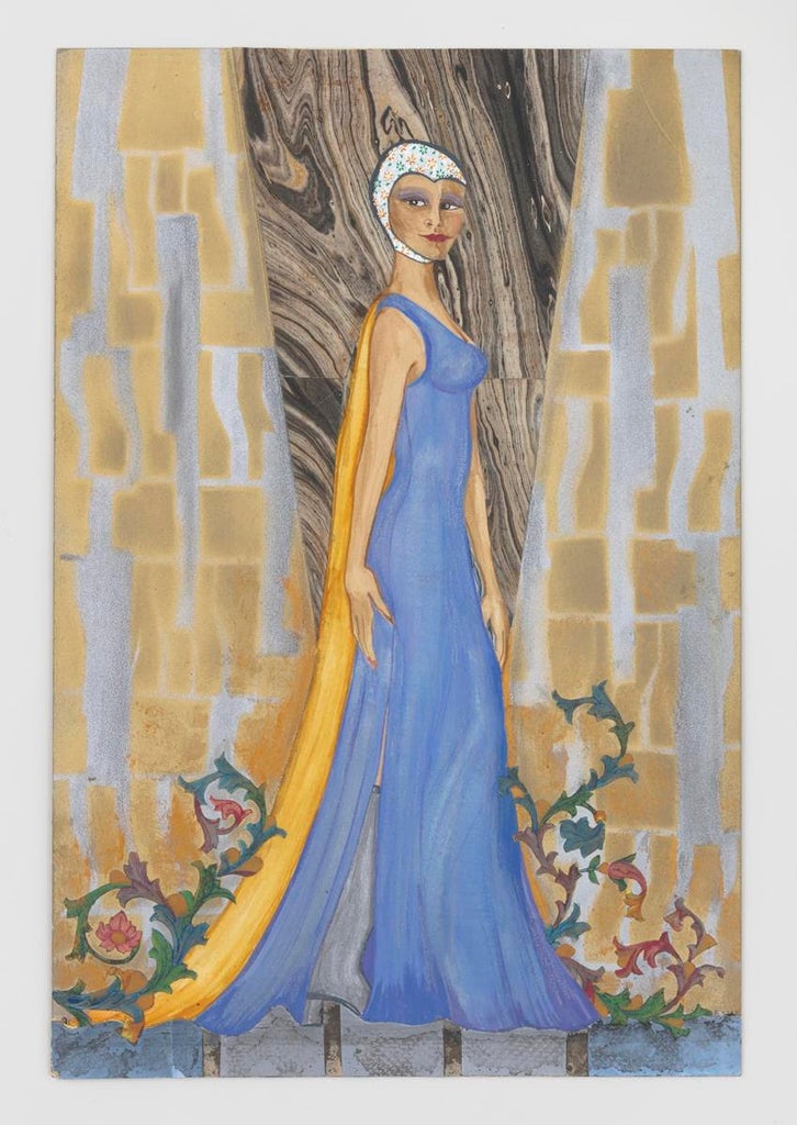 Betye Saar, Antigone: Blue Dress, 1970. Mixed media on museum board. Source: Courtesy of the artist and Roberts Projects/Robert Wedemeyer