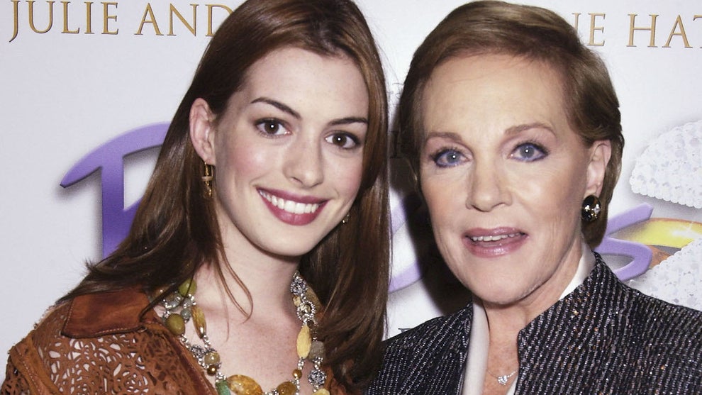 Anne Hathaway and Julie Andrews arrive for the U.K. premiere of "The Princess Diaries 2: Royal Engagement" on Sept. 24, 2004 in London. (Credit: Dave Benett/Getty Images)