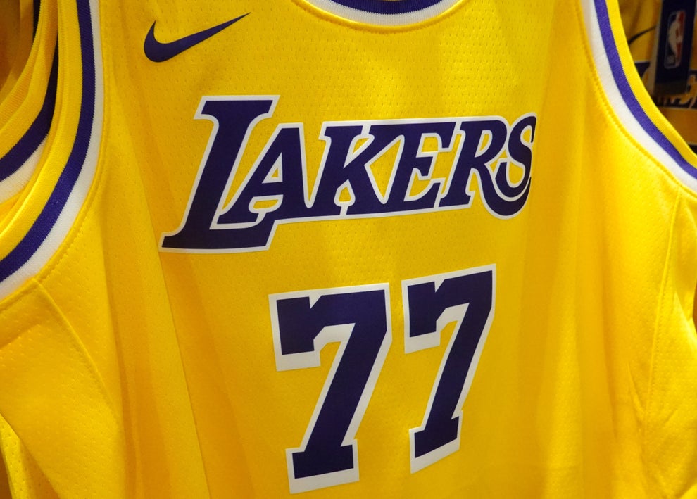 A Los Angeles Lakers Luka Dončić jersey is displayed for sale in a store on August 12, 2026 in Pasadena, California. Los Angeles Lakers owner Mark Walter is reportedly selling the Lakers to venture capitalist Joshua Kushner, brother of President Trump's son-in-law Jared Kushner, and former Disney CEO Bob Iger for a record $12.5 billion. (Credit: Mario Tama/Getty Images)