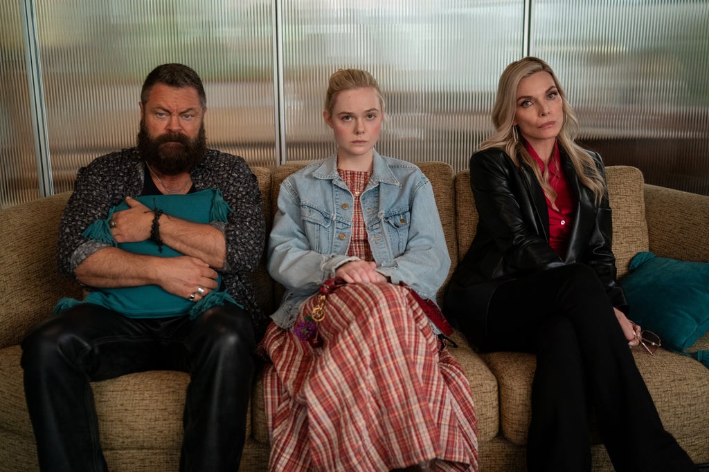 Nick Offerman, Elle Fanning and Michelle Pfeiffer in "Margo's Got Money Troubles" (Apple TV)
