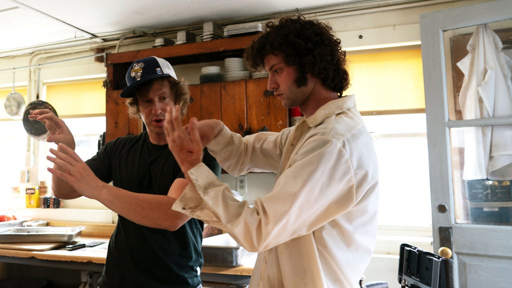 Matt Johnson and Dominic Sessa on the set of "Tony" (A24)