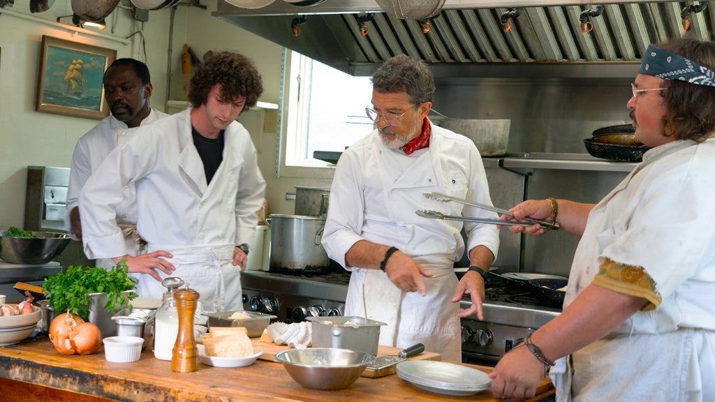 Michael Jibrin, Dominic Sessa, Antonio Banderas, Stavros Halkias in "Tony" (A24)