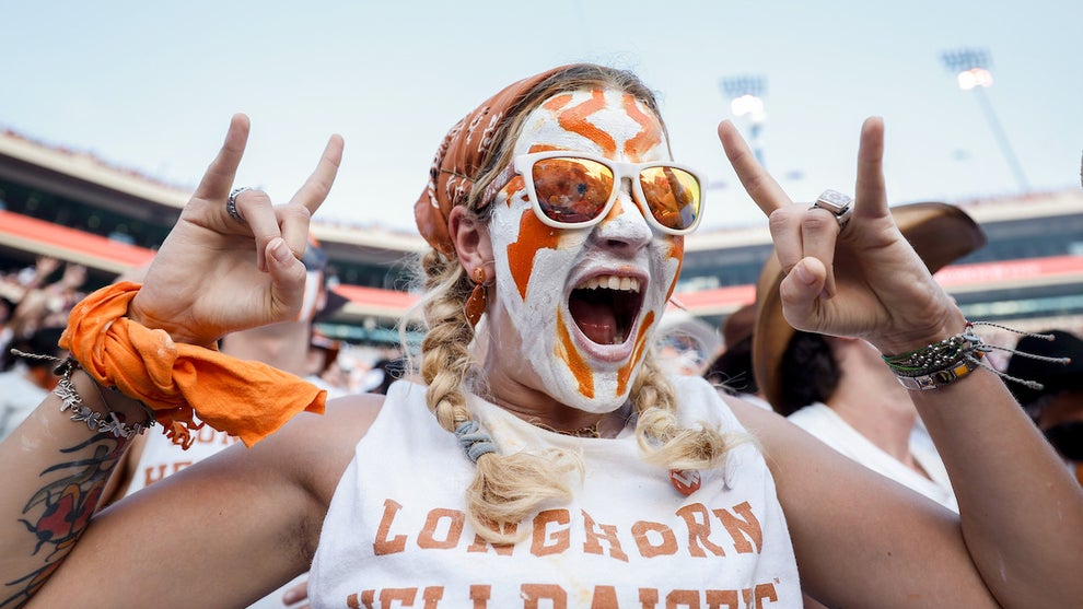 A Texas Longhorns fan cheers during the game against the UTEP Miners at Darrell K Royal-Texas Memorial Stadium on Sept. 13, 2025 in Austin, Texas. (Credit: Tim Warner/Getty Images)