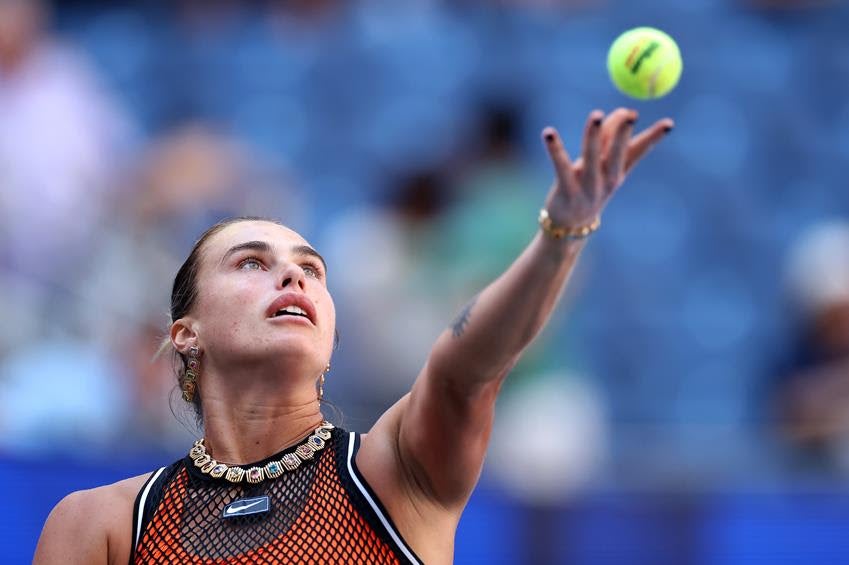 Aryna Sabalenka in a practice session during Fan Week at the USTA Billie Jean King National Tennis Center on Aug. 25, 2026 in New York City. Source: Getty