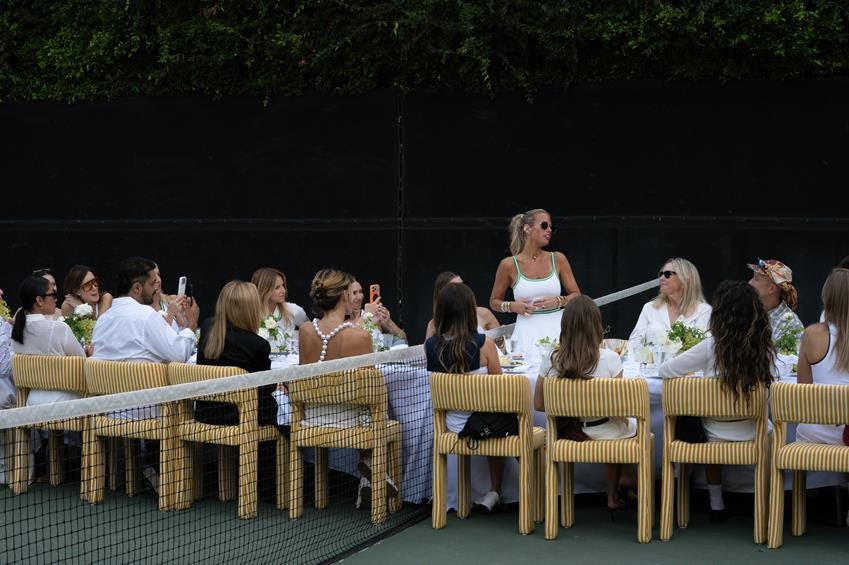 Tara Rudes Dann at the L'Agence Tennis collection launch with Anne White at her right. Source: L'Agence