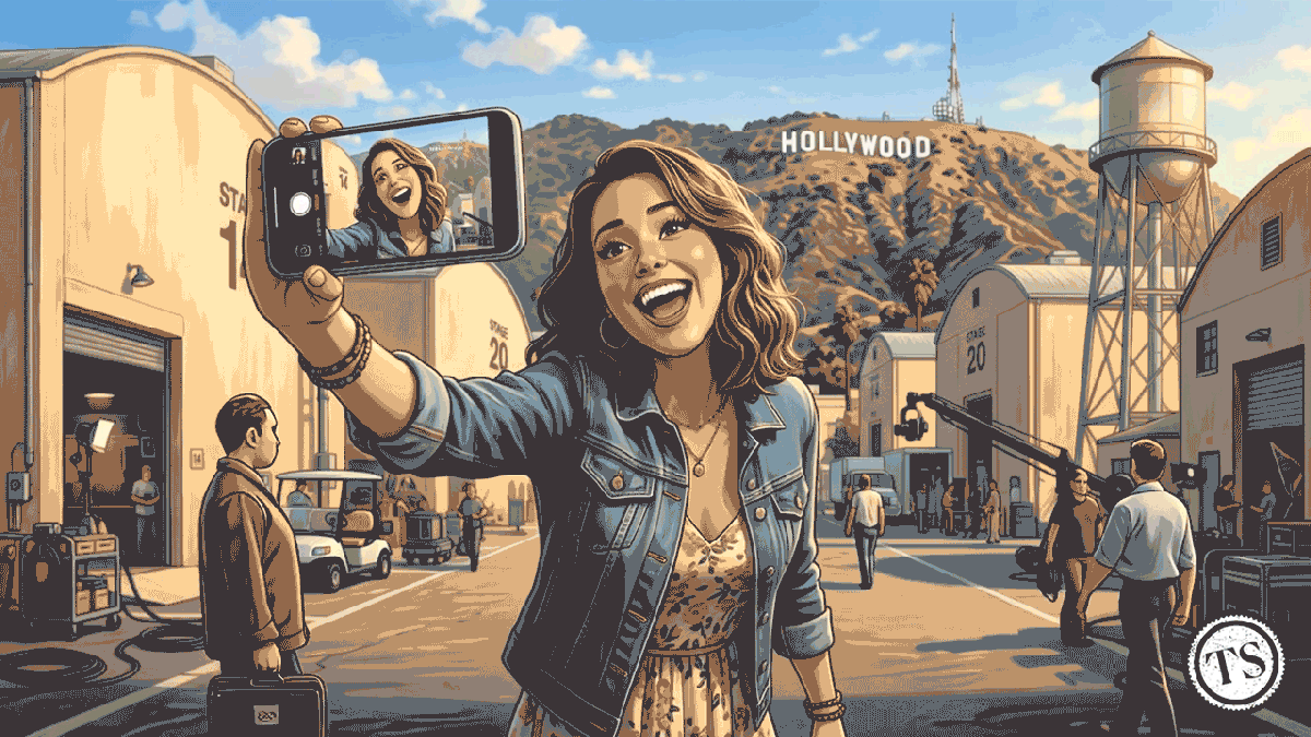A woman taking a photo of herself in front of the Hollywood sign (Photo Credit: Christopher Smith)