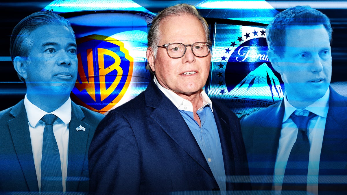 California Attorney General Rob Bonta, Warner Bros. Discovery CEO David Zaslav and Paramount Skydance CEO David Ellison (Credit: Getty Images/Christopher Smith for TheWrap)