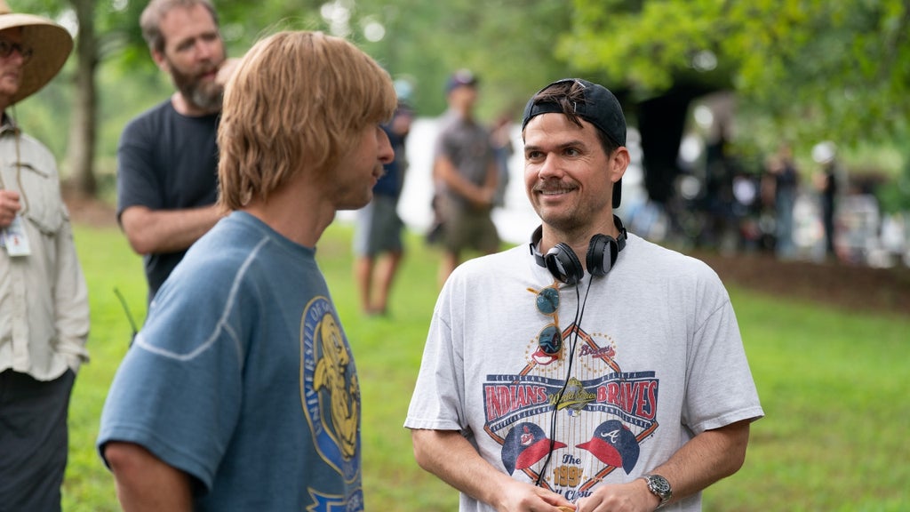 Michael Waldron and Glen Powell on "Chad Powers" (Disney/Daniel Delgado Jr.)
