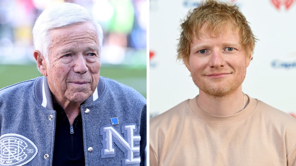 Billionaire stadium owner Robert Kraft and musciain Ed Sheeran are embroiled in controversy after Macklemore was fired from the singer's world tour. (Credit: Getty Images)