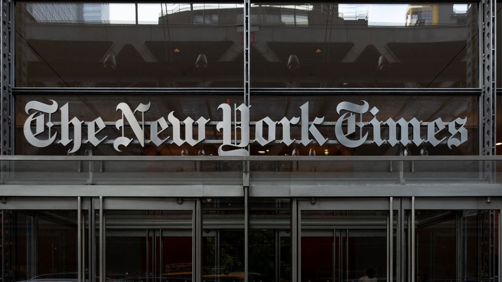 The New York Times Building with its newspaper logo sign above the entrance is seen in New York City, United States, on August 6, 2026. (Credit: Marcin Golba/NurPhoto via Getty Images)