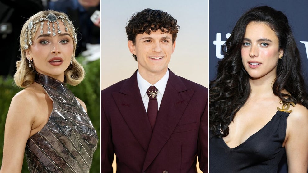 Sabrina Carpenter (Credit: Jamie McCarthy/Getty Images), Tom Holland (Credit: Samir Hussein/WireImage) and Margaret Qualley (Credit: Leon Bennett/Getty Images)